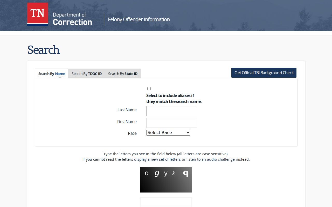Lewis County arrest search options in the Tennessee FOIL name and ID form