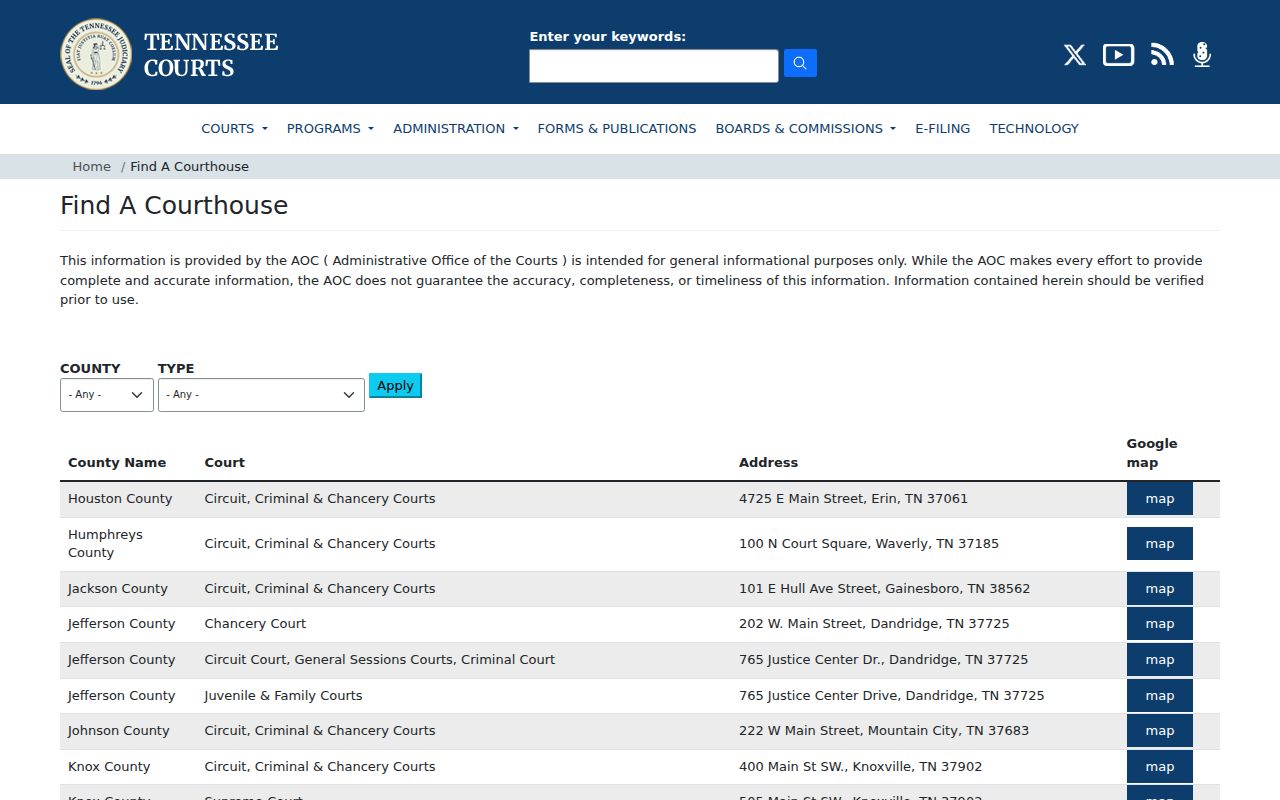 Official listing for Lewis County criminal courts