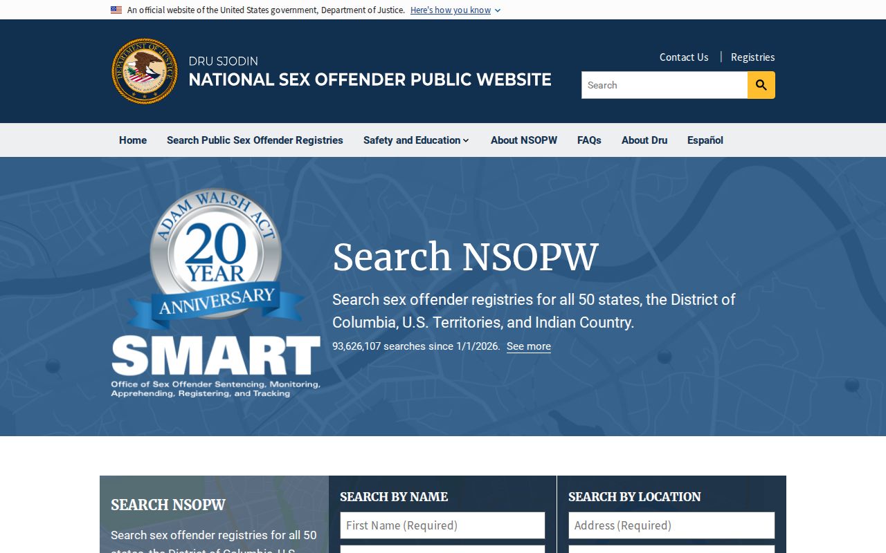 U.S. Department of Justice NSOPW national registry interface used with Lewis County searches
