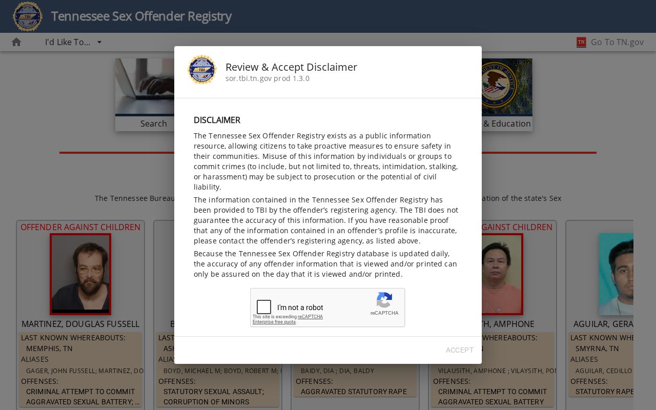 Official Tennessee Sex Offender Registry acceptance and search screen for Lewis County lookups