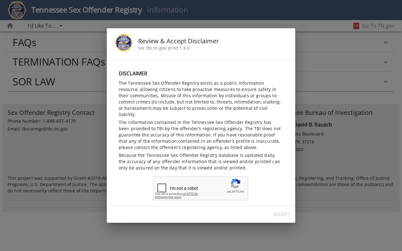 TBI information page for Lewis County sex offender registry rules and public warnings